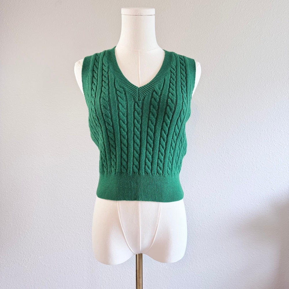 Classic Green Cable Knit Sweater‎ Vest V-Neck Preppy Sleeveless Top Small